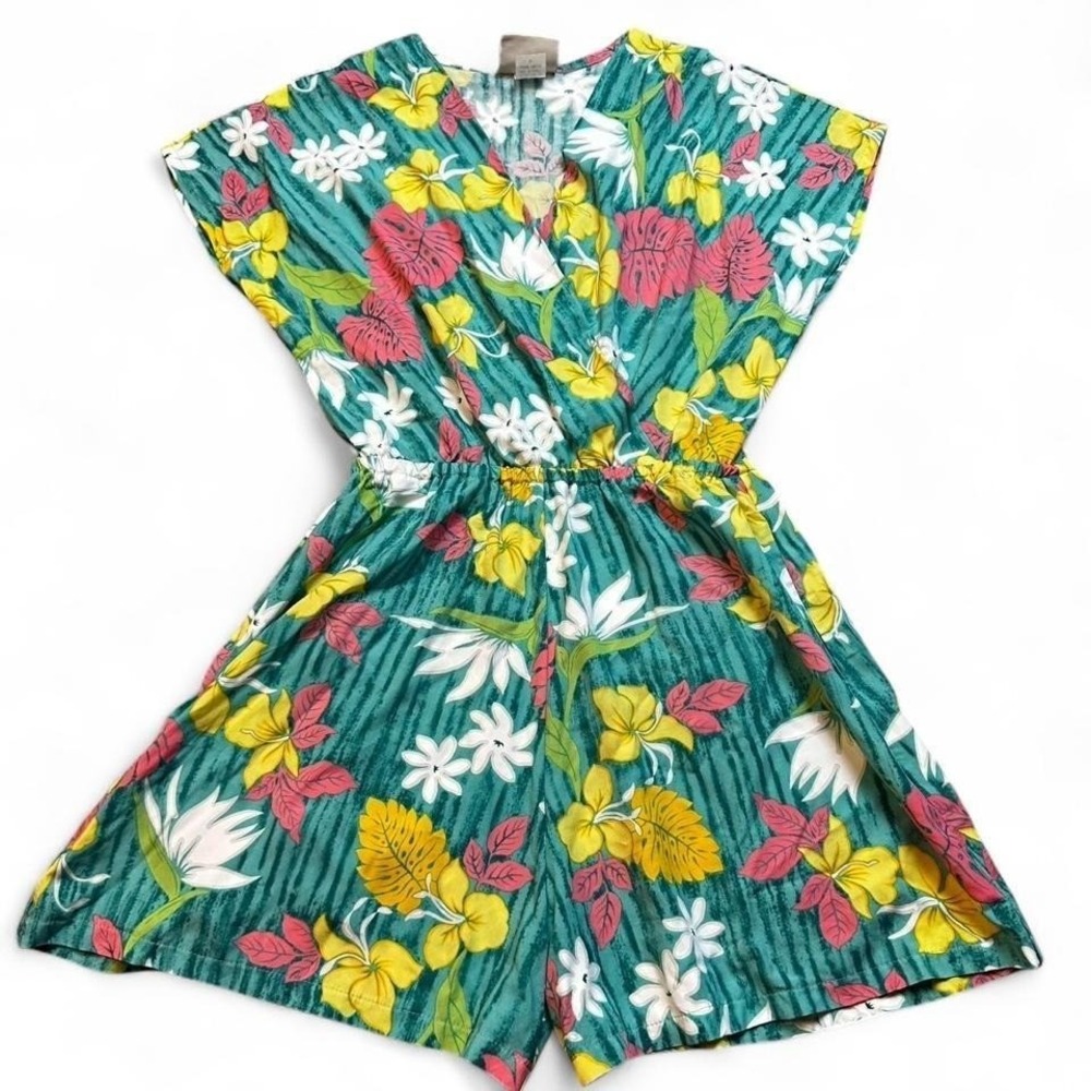 Vintage Winnie Fashion Hawaiian Floral Romper Size Small Tropical‎ teal